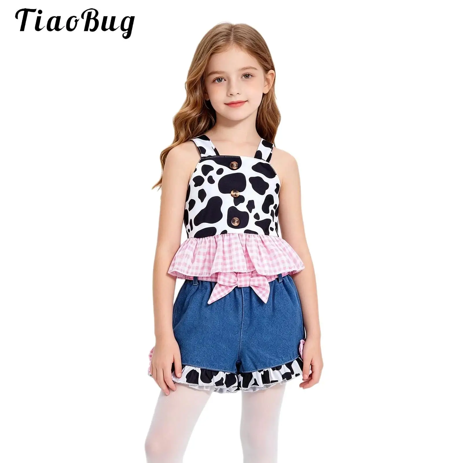 Toddler Cowgirl Outfit Child Girls Halloween Western Cowboy Costume Color-block Plaid Top And Bow-tie Denim Shorts Performances
