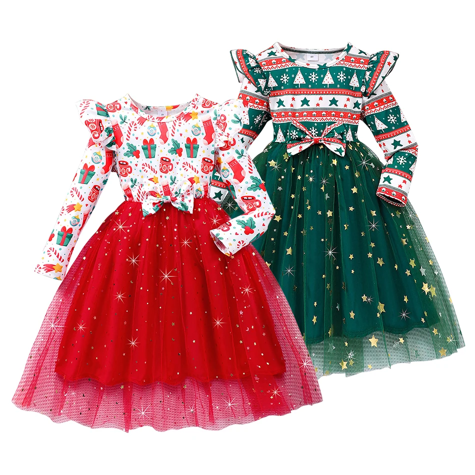 

Одежда для девочек, детское сетчатое платье Navidad с длинными рукавами и бантом, праздничная юбка с цветочным принтом для маленьких девочек, детские платья принцессы с принтом в рождественском стиле
