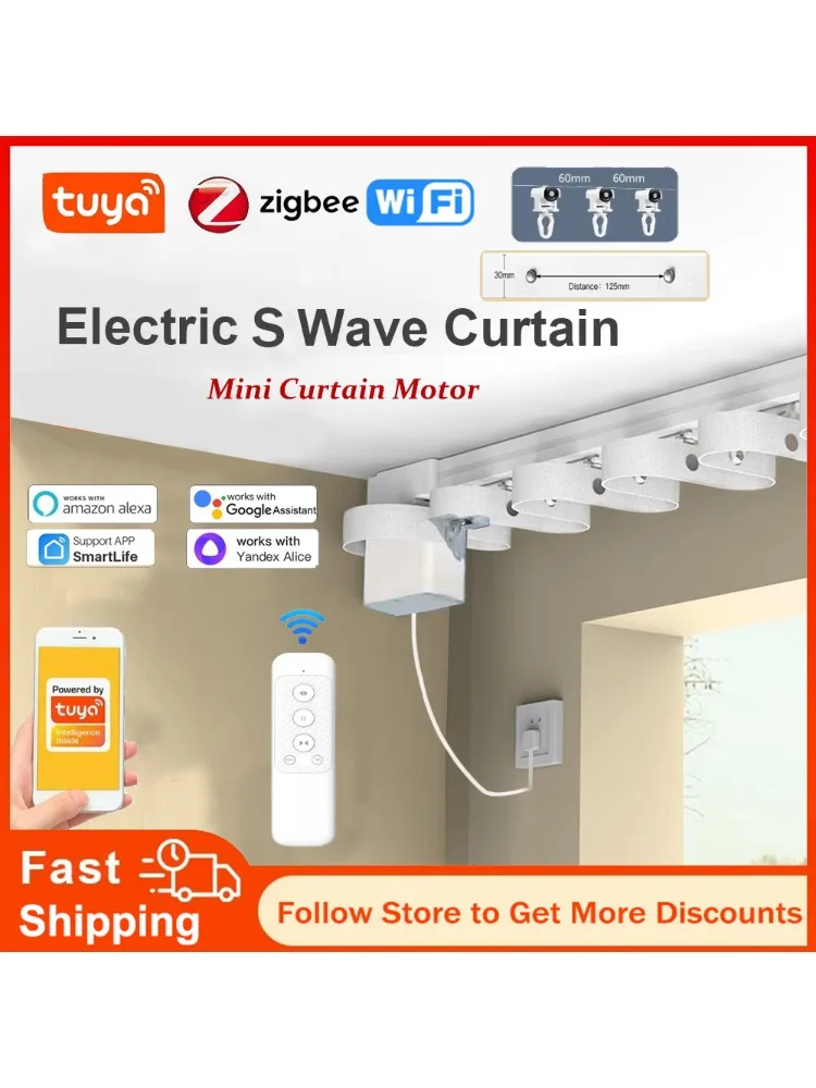 Aanpasbare rimpelvouw S-Wave elektrische rail Tuya Smart Mini-gordijnmotor Zigbee WiFi Alexa en Google Assistant-bediening - afbeelding 2