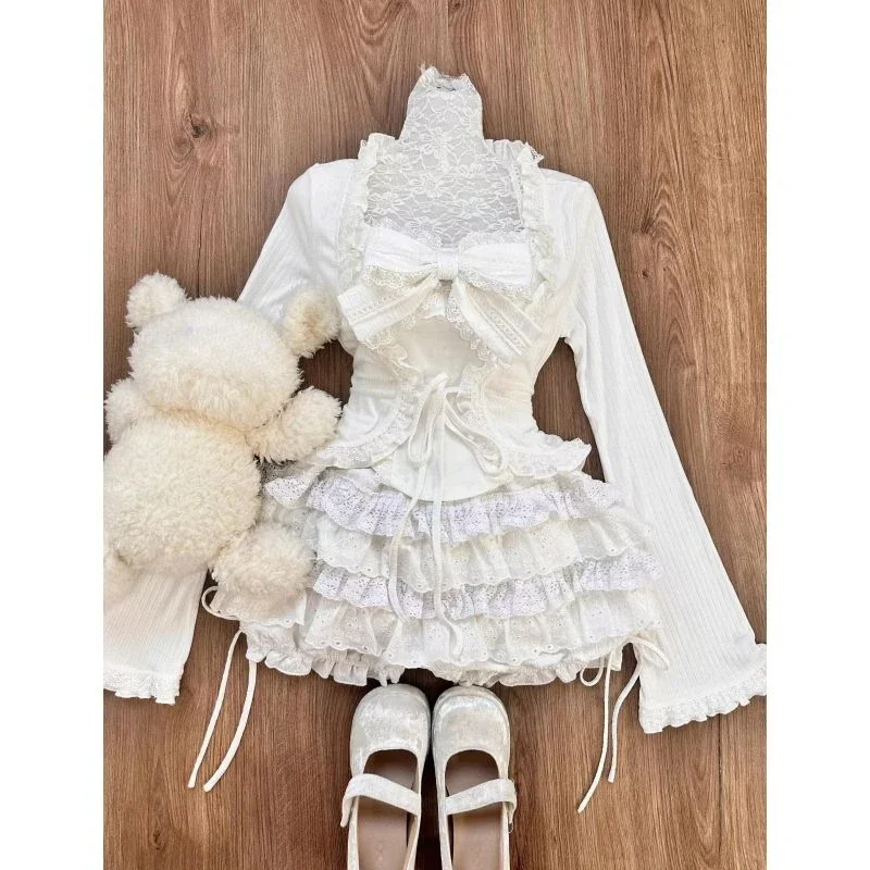 Kawaii Suits Female Lace Bow Corset Blouse Coats + Cake Skirts Japanese Vintage 2 Piece Sets Women Evening Party Clothing Autumn