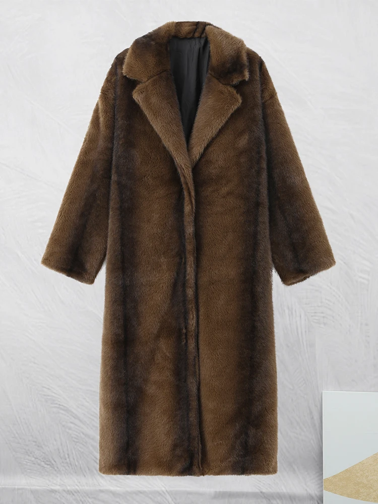 Moda cor misturada lapela gola casaco elegante manga cheia solta mulher longo casaco novo inverno senhora alta rua jaqueta de pele do falso