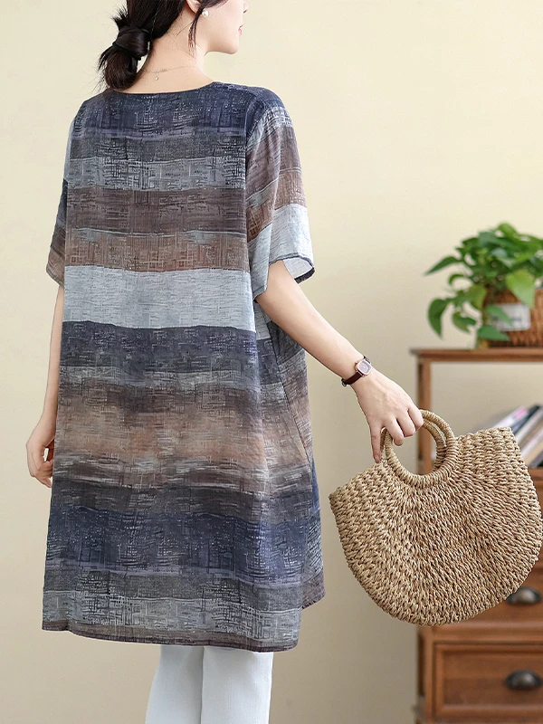 Rétro rayé coton Lin femmes Dr ort Sve Midi ample Materni été nouveau Sle v-ne coupe droite t-shirt haut