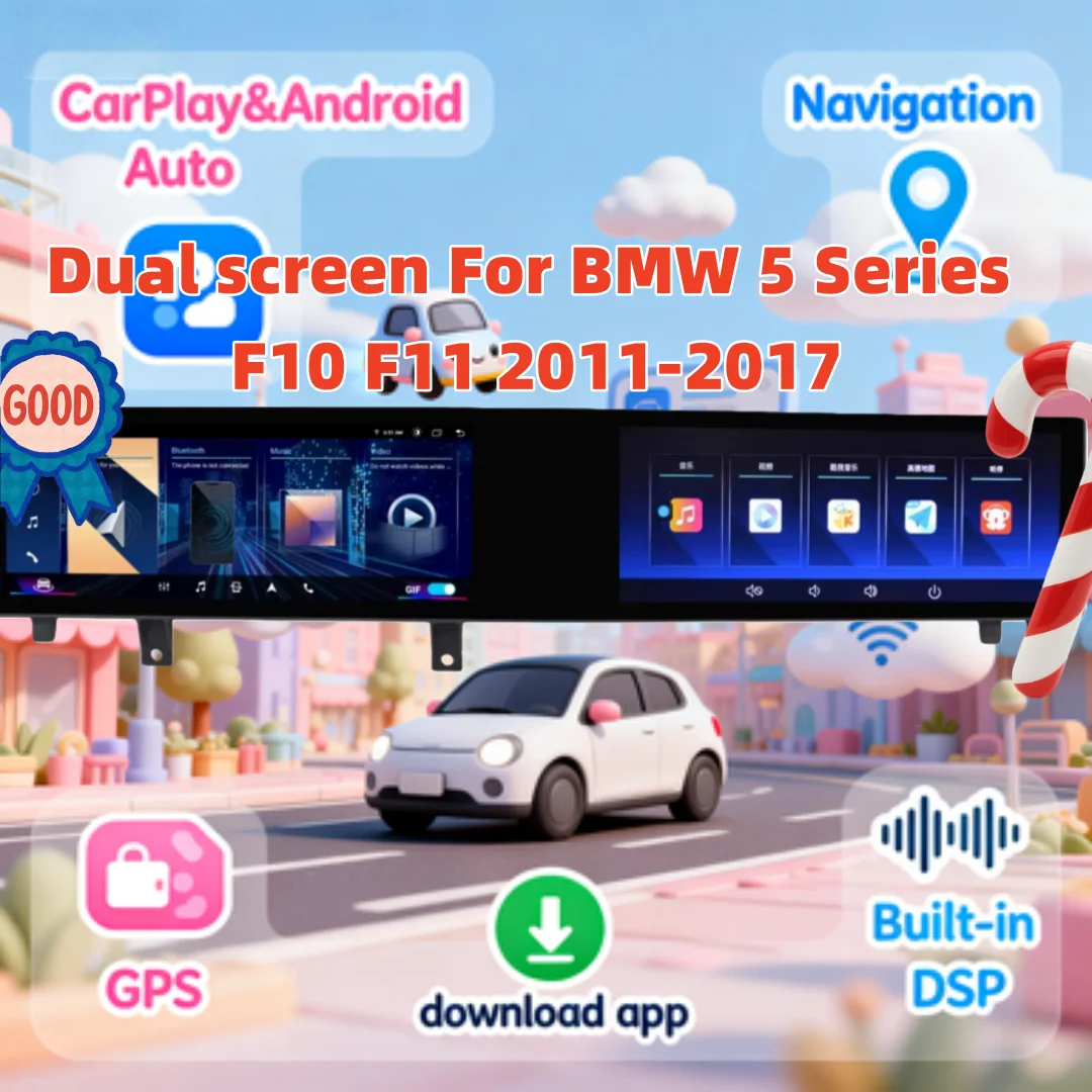 

Двойной экран Android 14, беспроводной CarPlay для BMW 5 серии F10 F11 2011-2017, мультимедийная стереосистема DSP, Bluetooth-навигация, автомобильный GPS