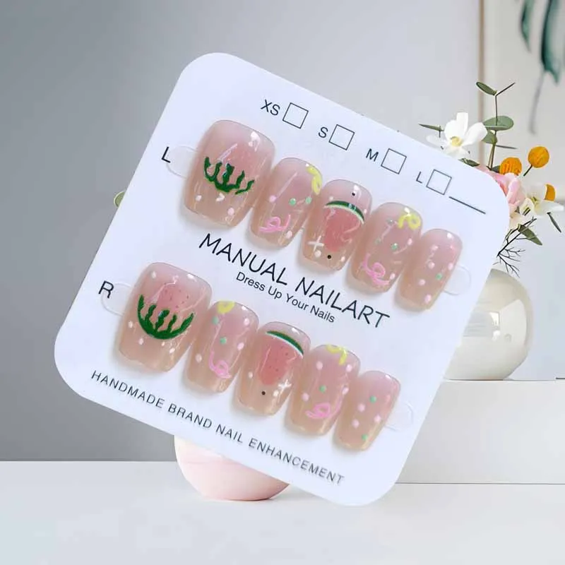 10 pièces mignon fruits pastèque ananas doux Cool oeil de chat personnalisé stéréoscopique presse sur ongles Nail Art faux ongles Patch