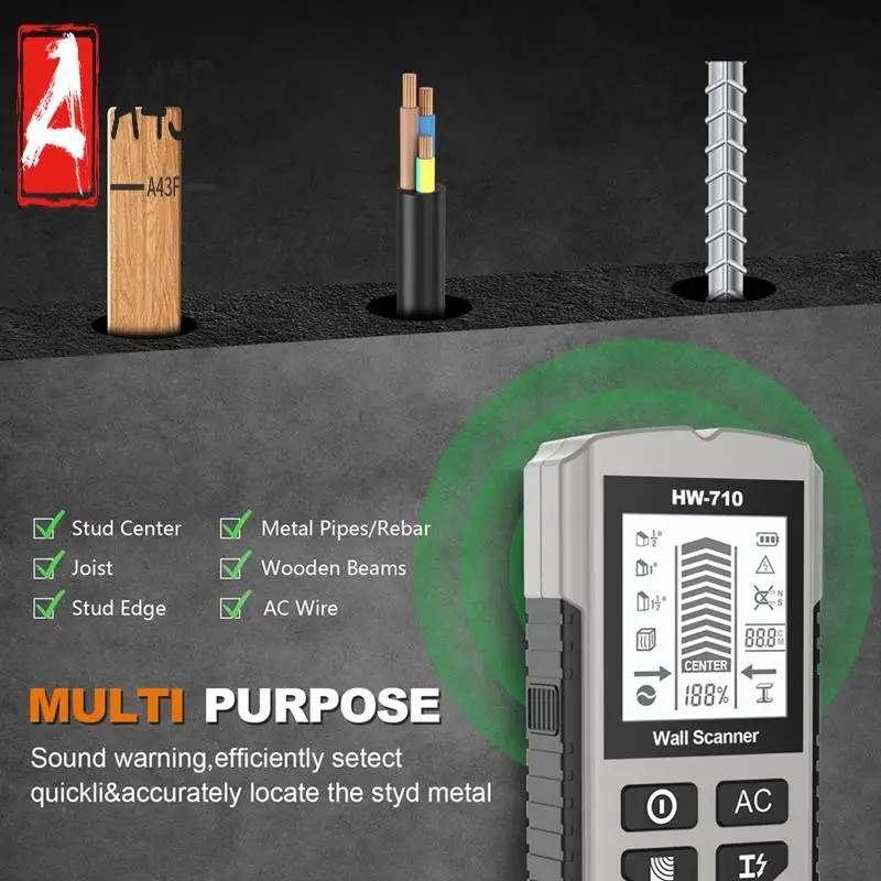 

A43F-Stud Finder Wood Studs Metal Detecion Detection Live Cable Metal Depth Measurement Finder Wall Scanner HW-710