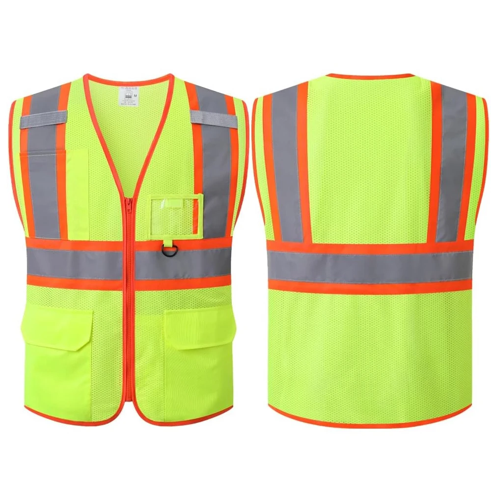 Fluorescent Mesh Vest with Multiple Pockets and Front Zipper Hi Vis Construction Workwear Vest Uniforms for Men Women