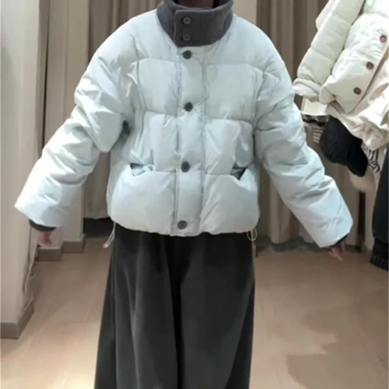 Contrasting Color Design Sense Knitted Splicing Stand-up Collar Cotton Jacket Women's Winter Thickened Warm Small