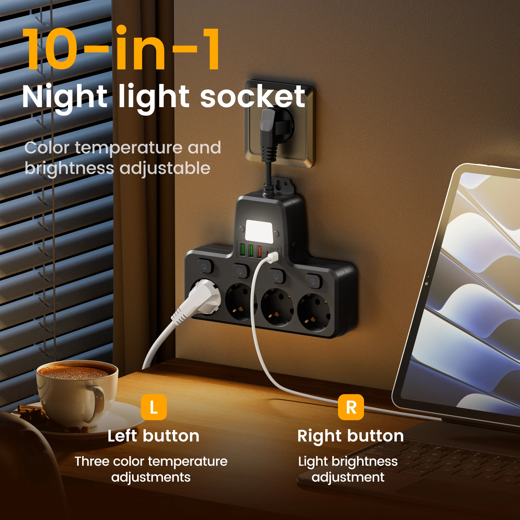 Toma de corriente con interruptor independiente 10 en 1, enchufe estándar de la UE, toma de pared 3 USB 2 tipo C, control independiente de luces nocturnas
