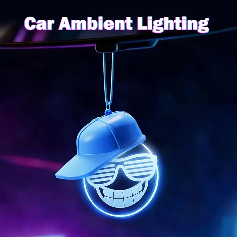 Hat Face Luminous Light Bulb Rearview Mirror Pendant Car Ambient Light Vintage Hanging Ornament Auto Interior Decoration