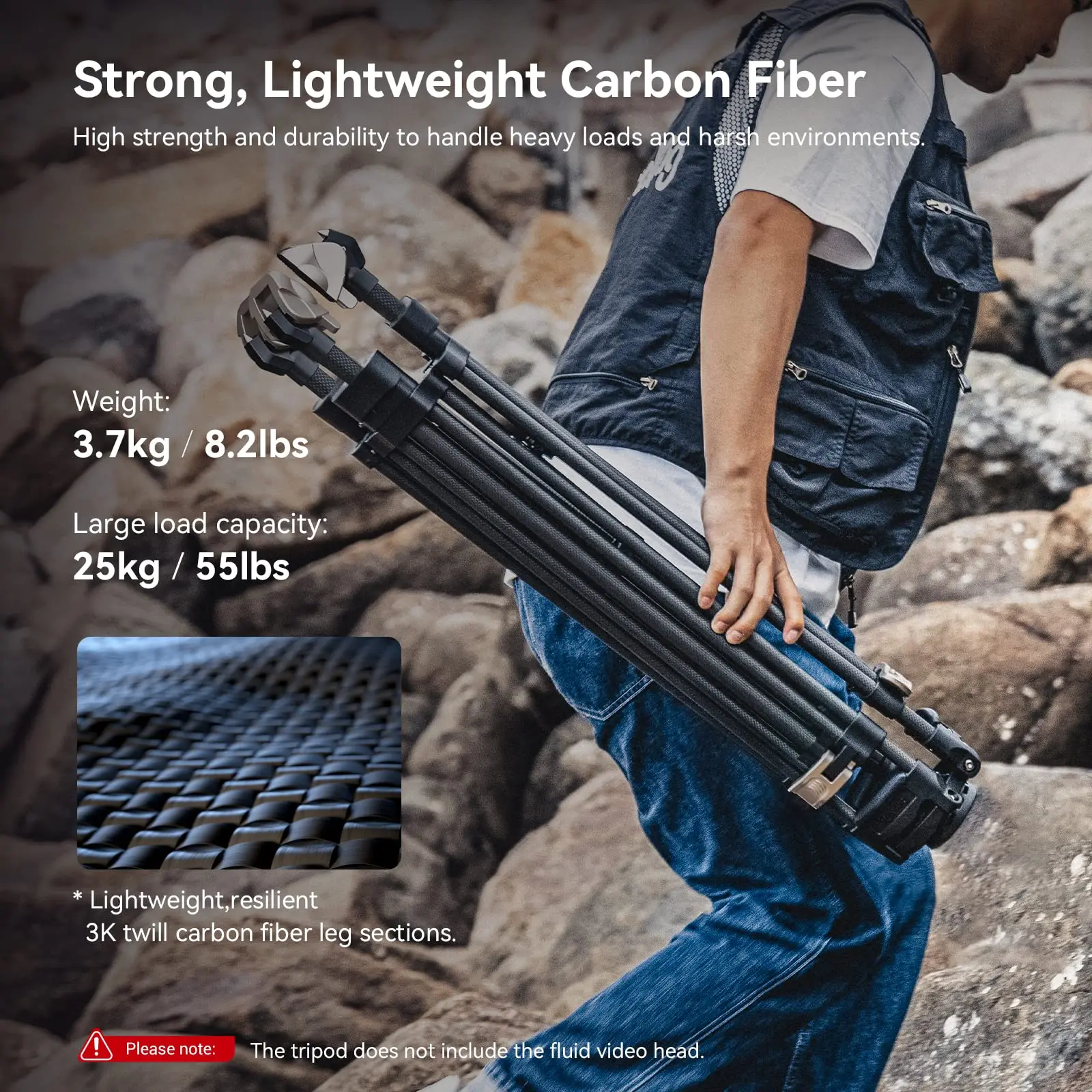 ترايبود صغيرة من ألياف الكربون عالية القوة ، 72 "ترايبود الفيديو مع نظام قفل خطوة واحدة ، ترايبود الكربون مع وعاء 75 مللي متر