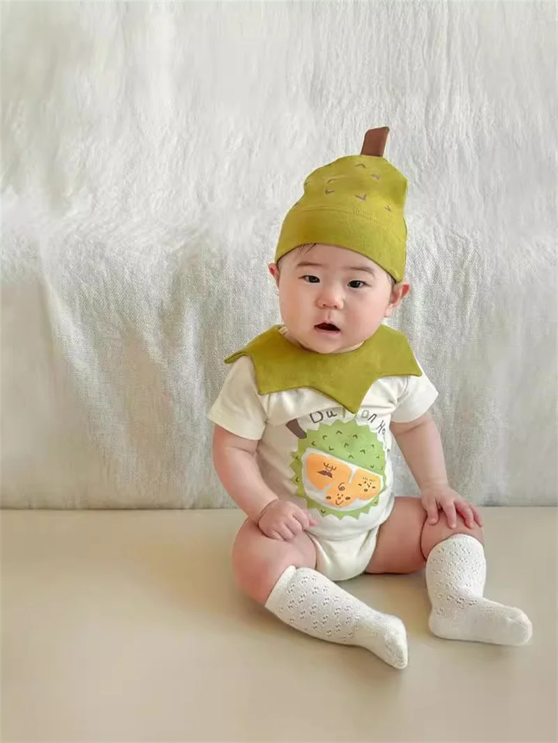 Funny Durian Newborn Baby Clothes Romper Boy Girl Pattern Onesie Infant Cotton Short Costume Onesie Jumpsuits Outfit  With Hat