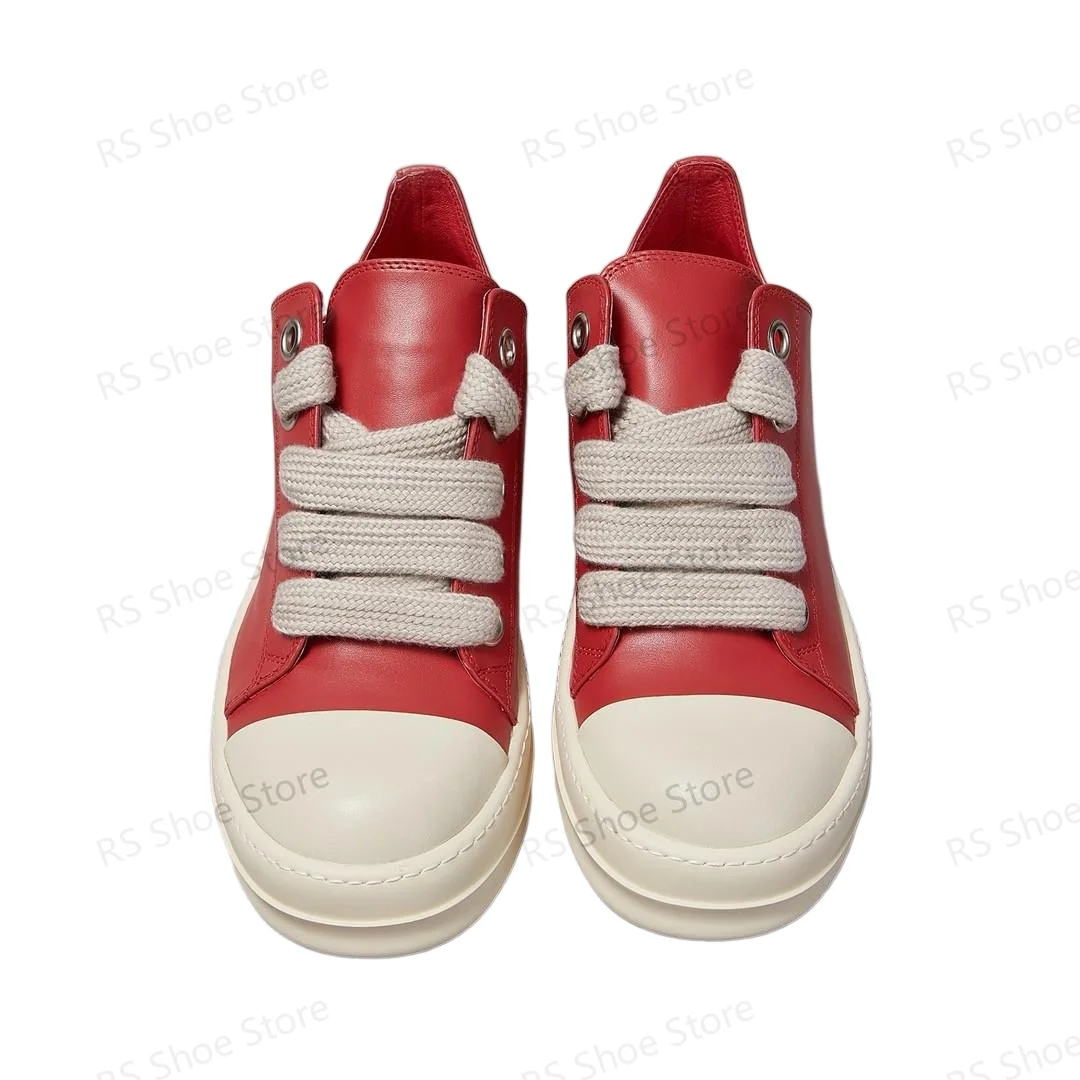 

Ro Men Sneakers Red Leather Low Top Shoe Jumbo Laces Women Casual Shoes Classic Design Thick Sole Flat Sneaker