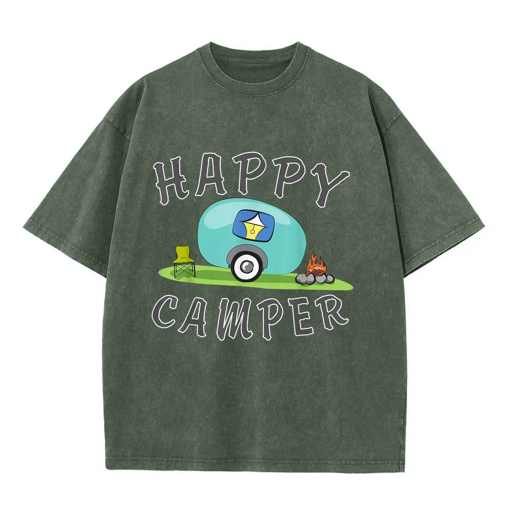 Camping T-shirt Happy Trailer Camper Tee Men's Clothing Y2k Oversize White Printed Cotton Graphic Summer Top Humor Shirt T
