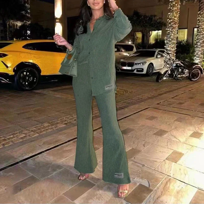 

Dark Series Solid Pleated Women Shirt Trousers Two Piece Sets Elegant Long Sleeve Shirts And High Waist Wide Leg Pants Suit
