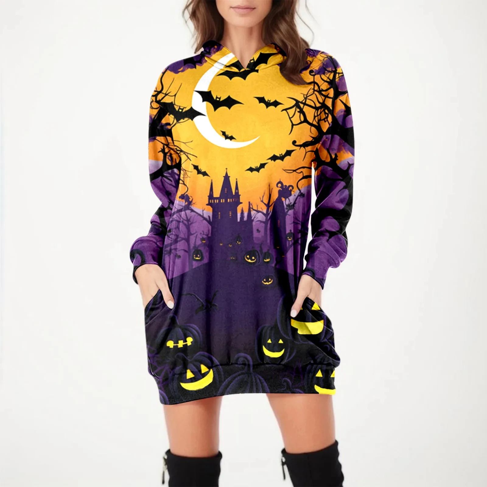 Robe à capuche imprimée en polaire noire pour femmes, sweats à capuche d'horreur, pull à manches longues, t-shirt de poche, Halloween, automne, 03