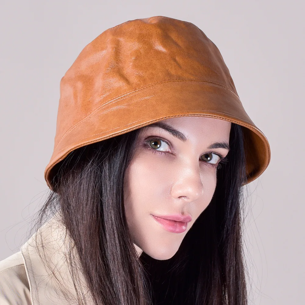 

New Spring And Autumn Fashion Black Gray Khaki Casual Leather Basin Hat Women Sheep Skin Fisherman Hat Visor Hat Top Hat