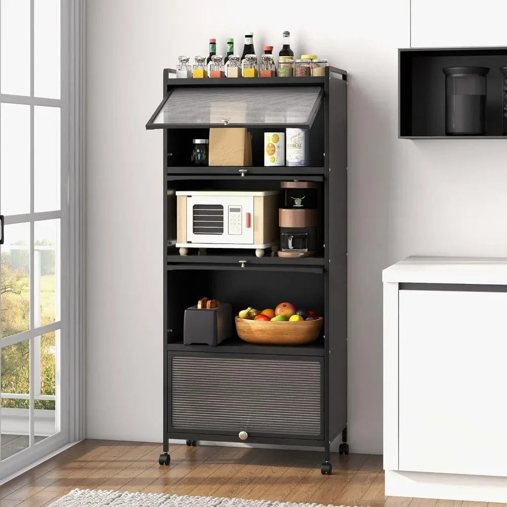 Kitchen Cabinet, Mobile Microwave Stand with Flip-up, Freestanding Bakers Rack with 4 Rolling Casters, 5-Tier Kitchen Cabinet