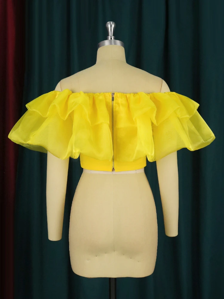 Women Summer Yellow Short Blouses Bare Shoulder Flare Ruffles Crop Tops Shirt Elegant Lady Fashion Party Club Street Wear