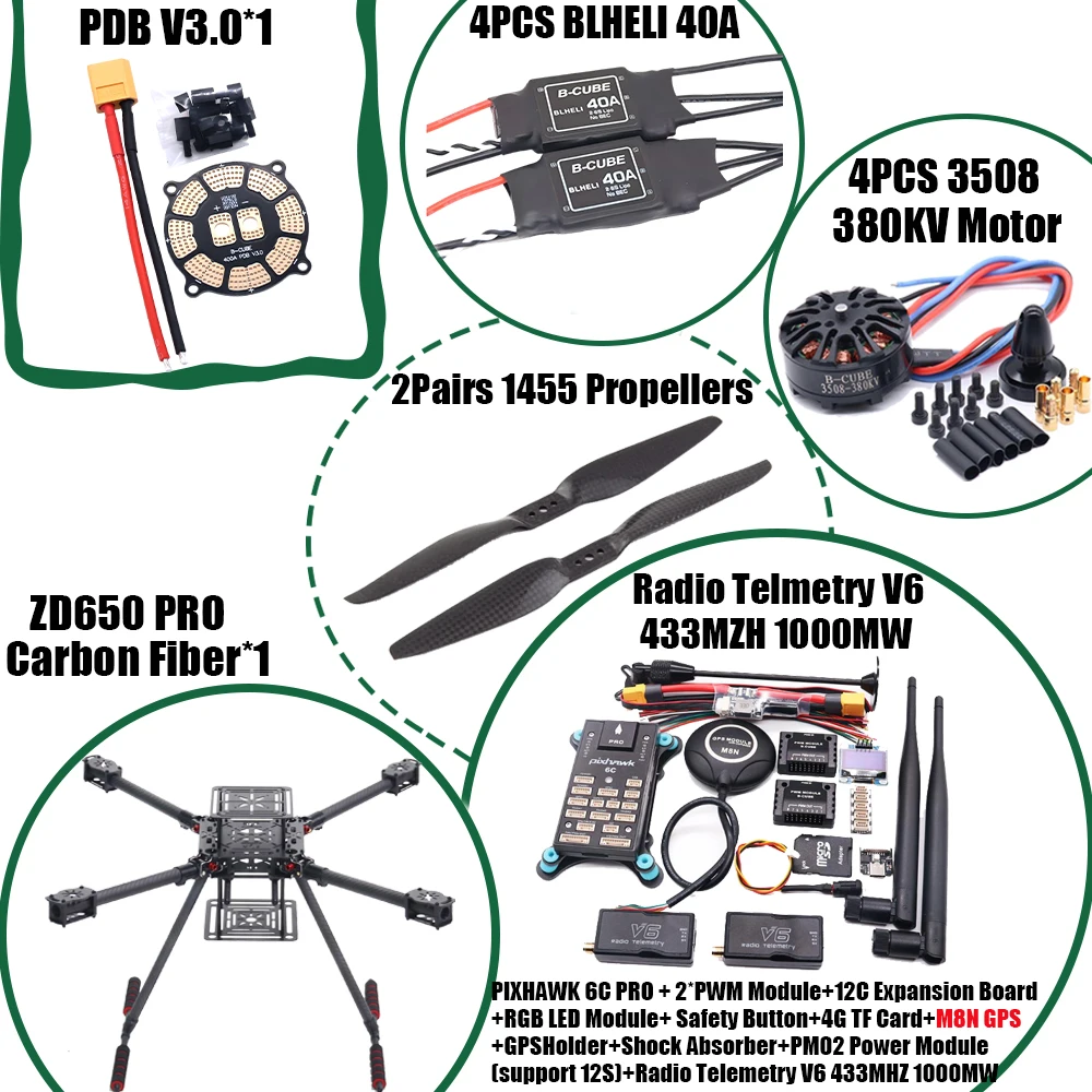 HanNiu ZD650 PRO 650mm Ardupilot Pixhawk Carbon fiber Quadcopter Frame FPV Quad met Carbon Fiber Landing Skid Motor ESC 40A