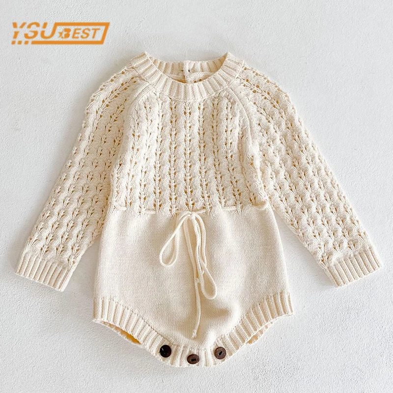 

Kids Baby Girls Long Sleeve Hollow Out Knit Jumpsuit Infant Baby Girls Clothes Newborn Baby Girls Solid Color Rompers 0-3Yrs