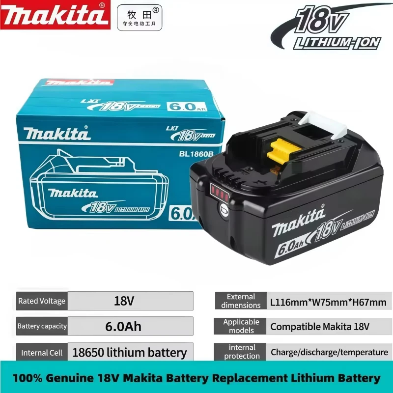 Batería Makita 100% Original, Batería Recargable de 18V 6.0Ah, Reemplazo para Makita BL1830BL1840BL1850BL1860B, Batería para Herramientas Eléctricas