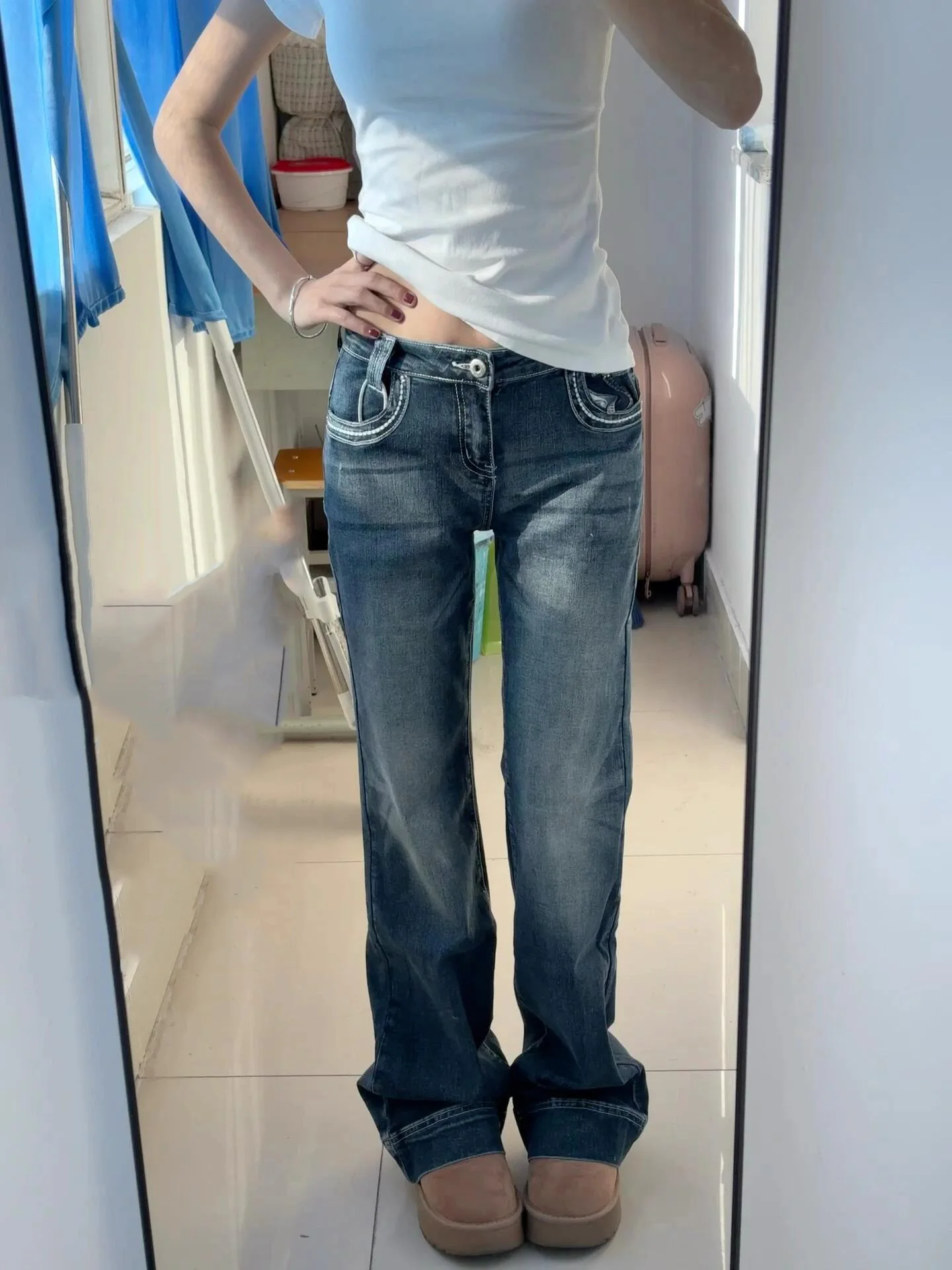 

Low Waist Deep Blue Women's Jeans Summer New Style Worn Wash Slimming Bell Bottoms American Narrow Version Casual Denim