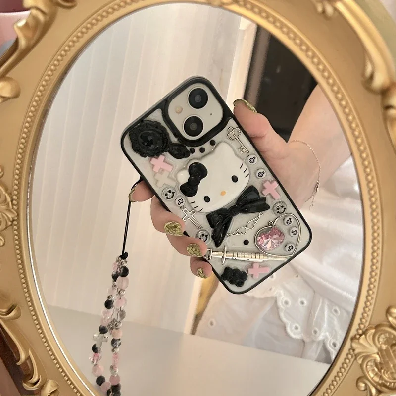 Kawaii bonito 3d sanrio y2k olá kitty caso de telefone transparente para iphone 16 15 14 13 12 11 pro max capa à prova de choque com cordão