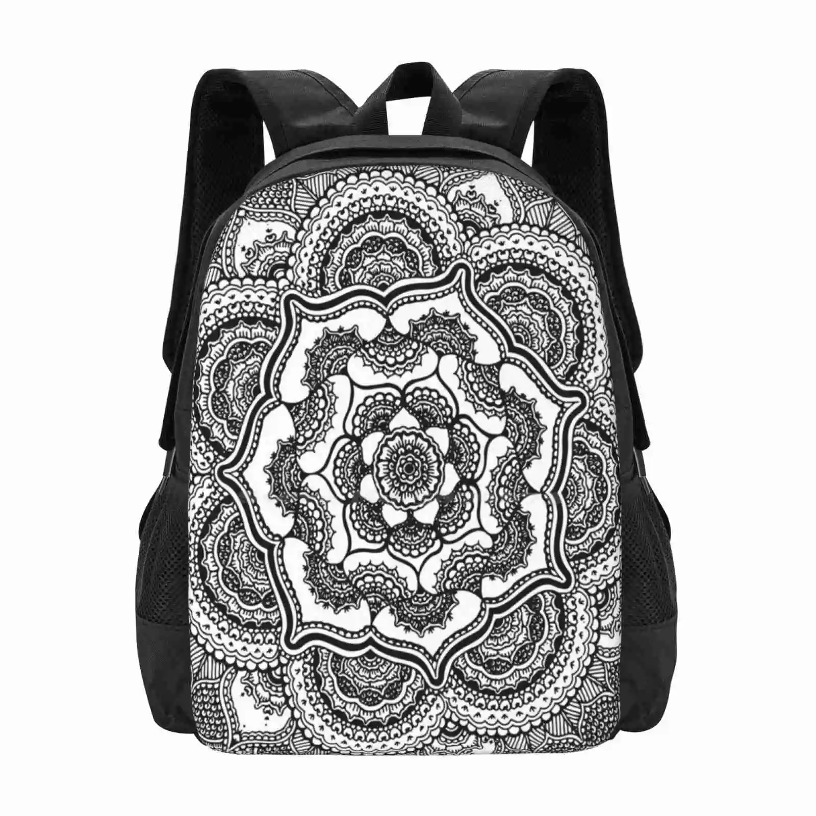 Spring Lotus-mochila abstracta para hombres, mujeres y niñas, bolso blanco y negro, flores blancas y negras, dibujado a mano