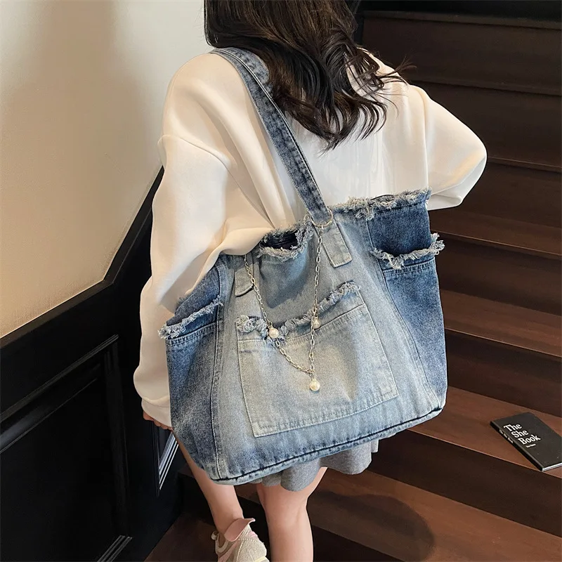 CGCBAG Lage Capacity Denim Canvas Women's Shoulder Bag Casual Commuting Female Tote Bags Comfortable Durable Handbags Ladies
