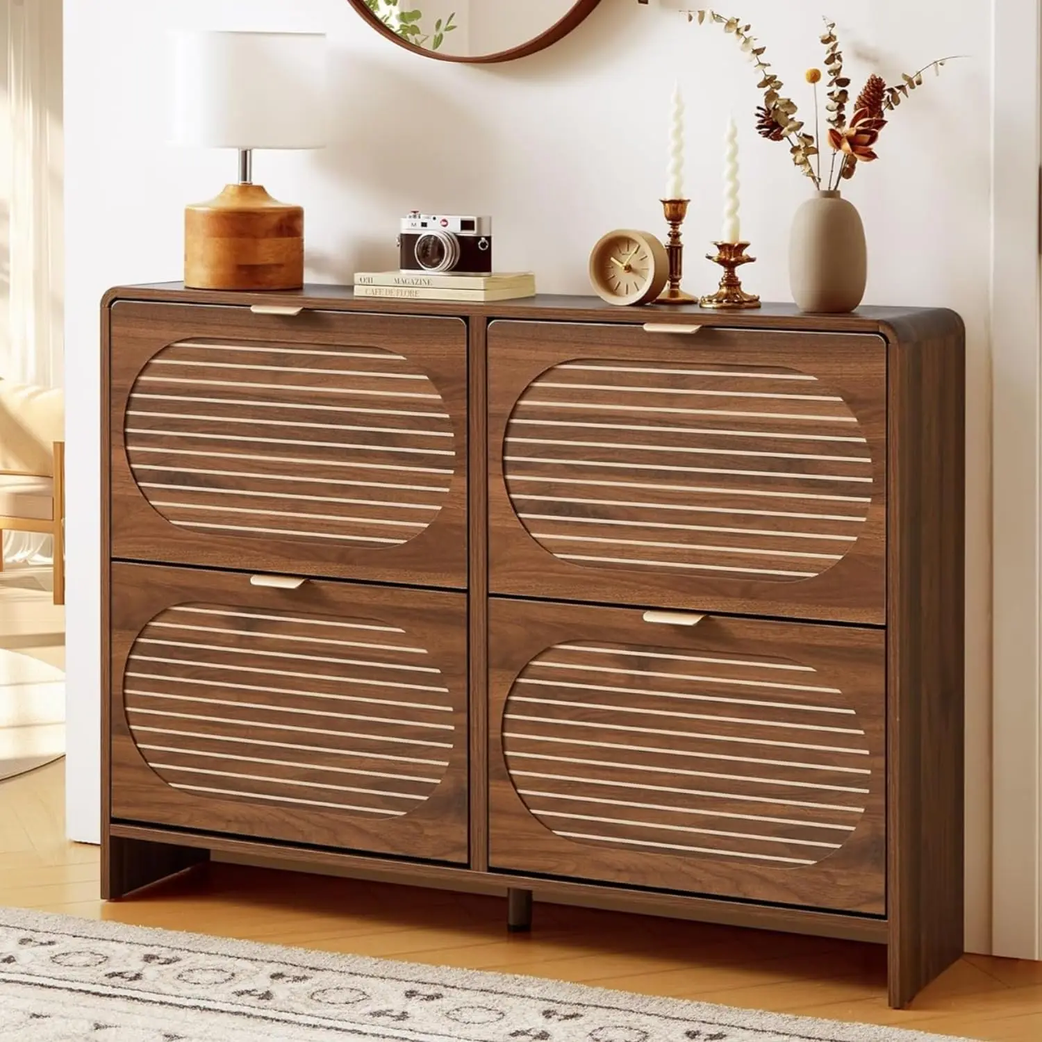 Narrow Shoe Cabinet 4 Flip Drawers Curved Edge Arched Panel Freestanding Organizer Entryway Hallway Foyer Walnut, Customized