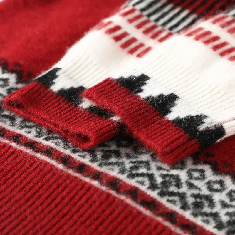 

Fair Isle~Luxury Cashmere Sweater Women's O-Neck Color Blocking Knitwear Thickened Loose Long Sleeve 100% Cashmere Pullover Top