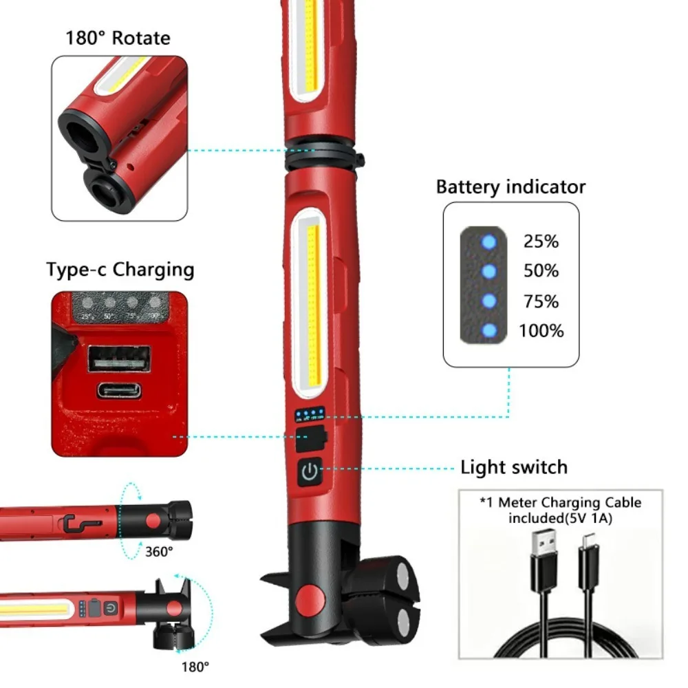 Bild 3: 3000 Lumen Tragbare Magnetische COB-Arbeitsleuchte Typ-C Wiederaufladbare Leistungsstarke LED-Taschenlampe mit Haken für Notfall-Autoreparatur