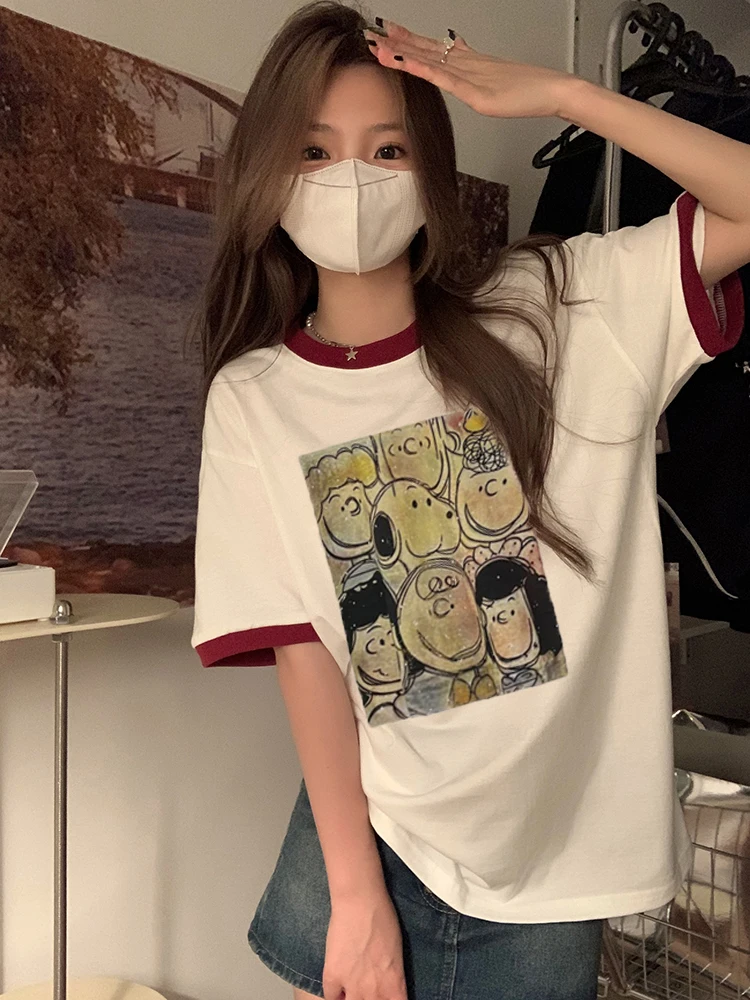 

Summer New Korean Loose Contrast Cartoon Print Short sleeved T-shirt Women's Lazy Style Half sleeved Top