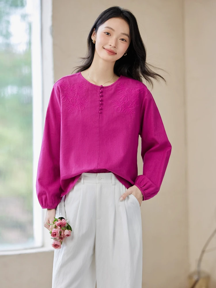 

VIMLY Women's Blouse Long Sleeve Tops 2025 Autumn Elegant Holiday Embroidered Crew Neck Button Ladies Shirts Top Woman A2052