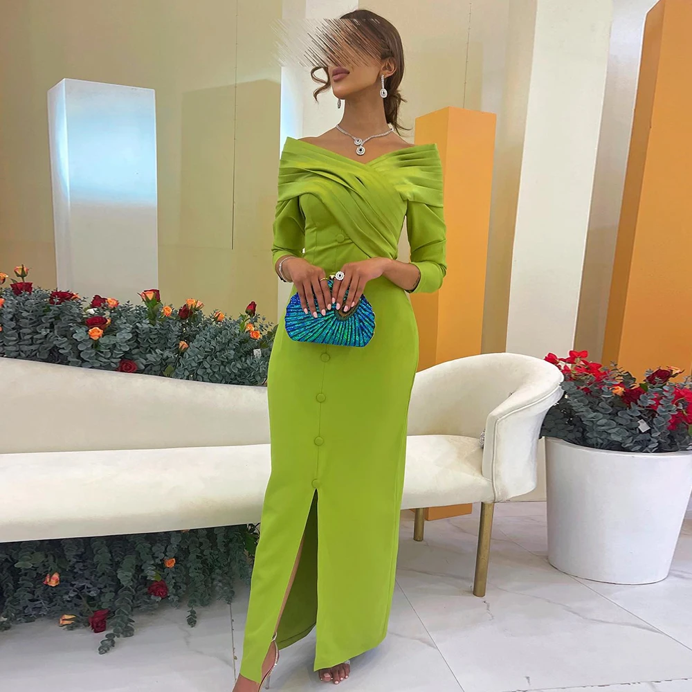 

Simple Straight Green Ankle Length Off the Shoulder Long Sleeves Evening Dress Formal Pleats Buttons Saudi Arabia Women prom