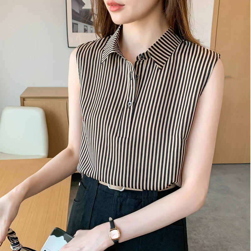 Stripe Women\'s Shirt Fashion Woman Blouse 2023 Female Clothing Sleeveless Womens Tops Elegant and Youth Woman Blouses OL Shirts