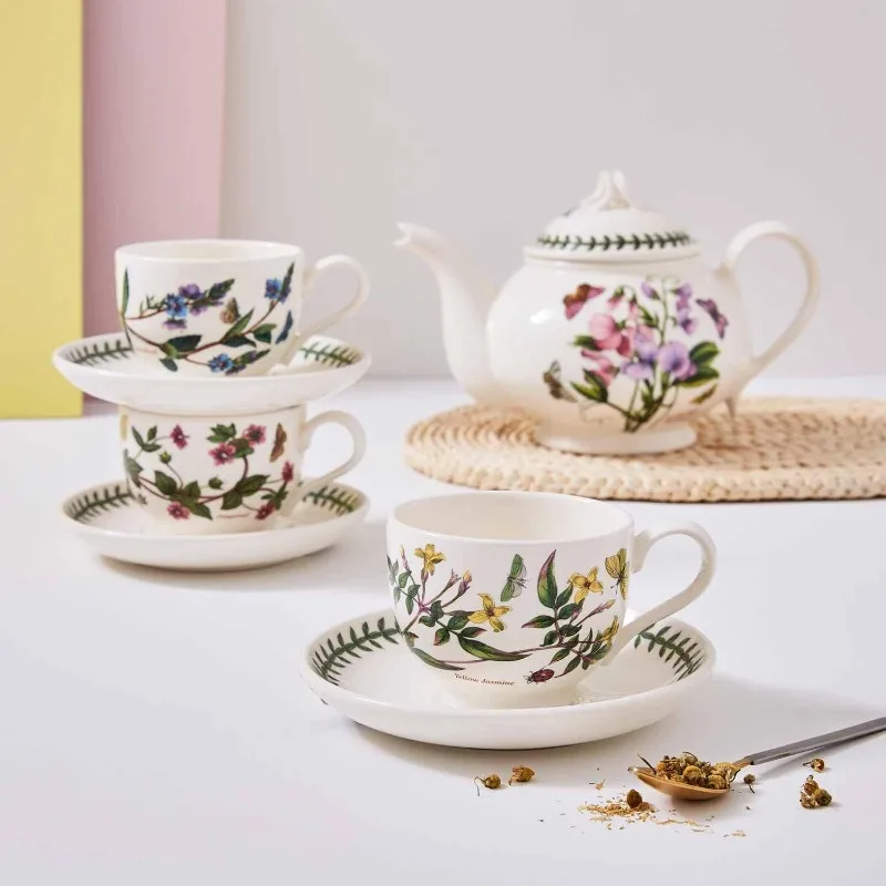 Botanic Garden 7oz Teacup and Saucer - Set of 6 | Assorted Floral Motifs | Fine Earthenware Chip Resistant Glaze Dishwasher