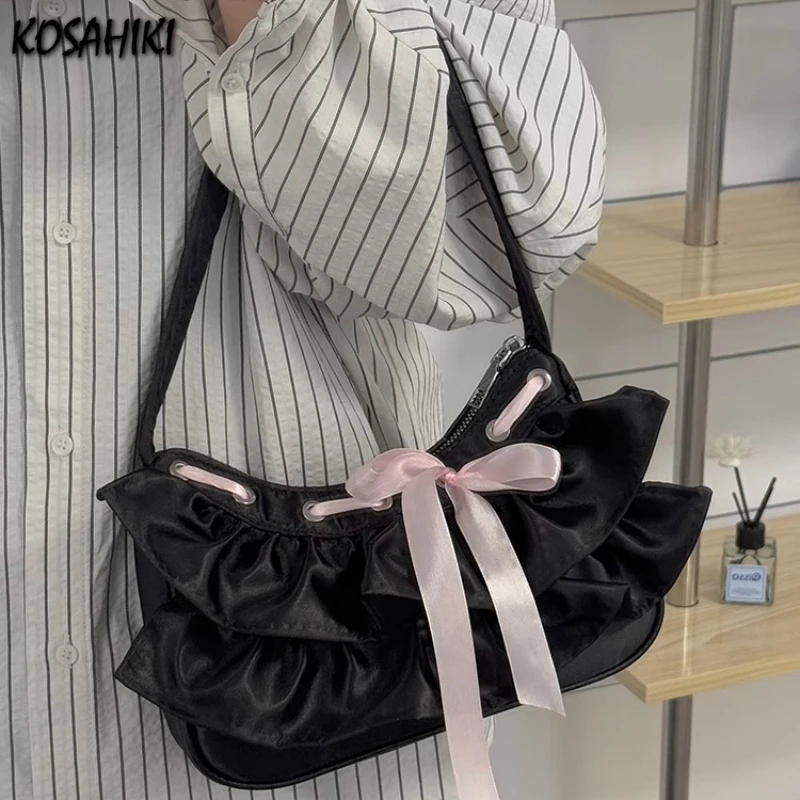 

Women All Match Fashion Office Lady Handbags Fairy Ruffled Bow Y2k Aesthetic Shoulder Bags Causal Vintage Elegant Underarm Bag