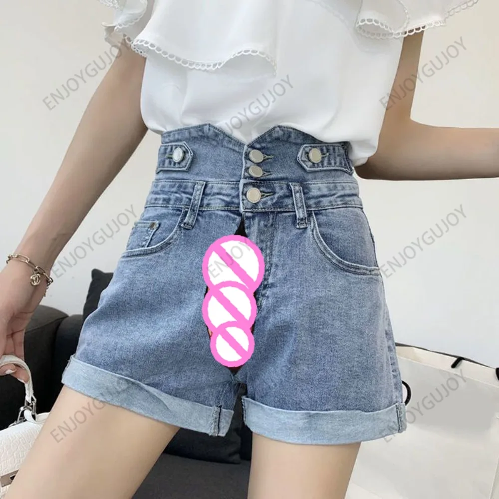 

Invisible Open Crotch Outdoor Sex Women's High Waist Denim Shorts Summer Streetwear Fashion Jeans Hot Pants Erotic Trousers