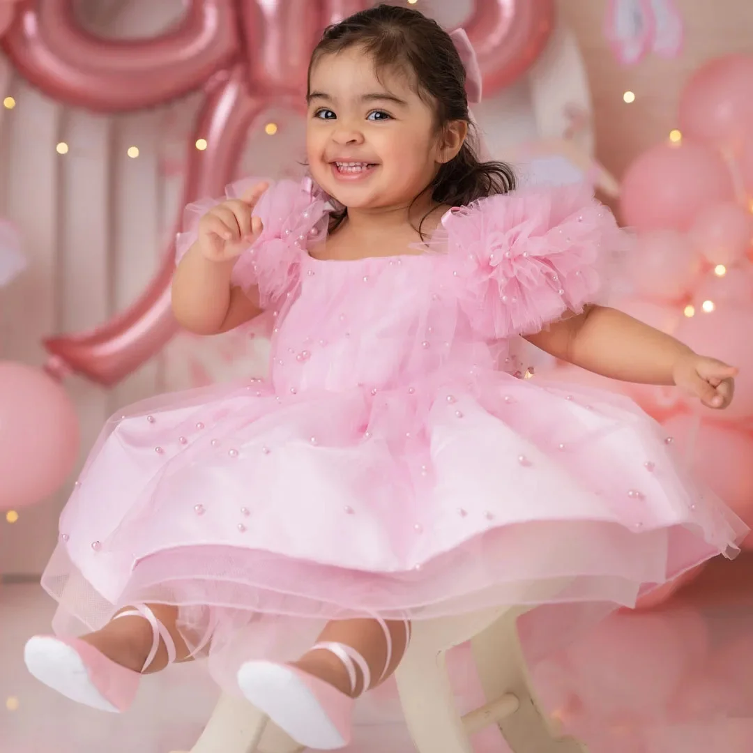 

Customized Blush Pink Flower Girl Dress For Wedding Tiered Tulle Sequins Appliques Elegant Quinceanera First Holy Communion Gown