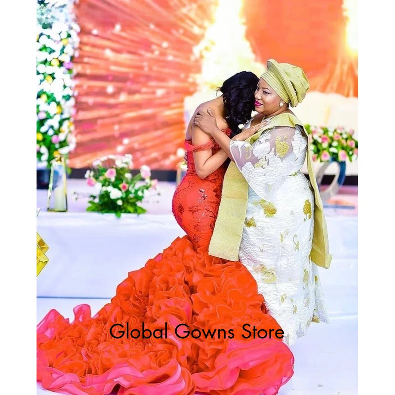 Robe de bal longue de forme sirène, personnalisée, élégante, rouge, à volants, perles de cristal, pour filles noires, robe de soirée africaine, E3P73