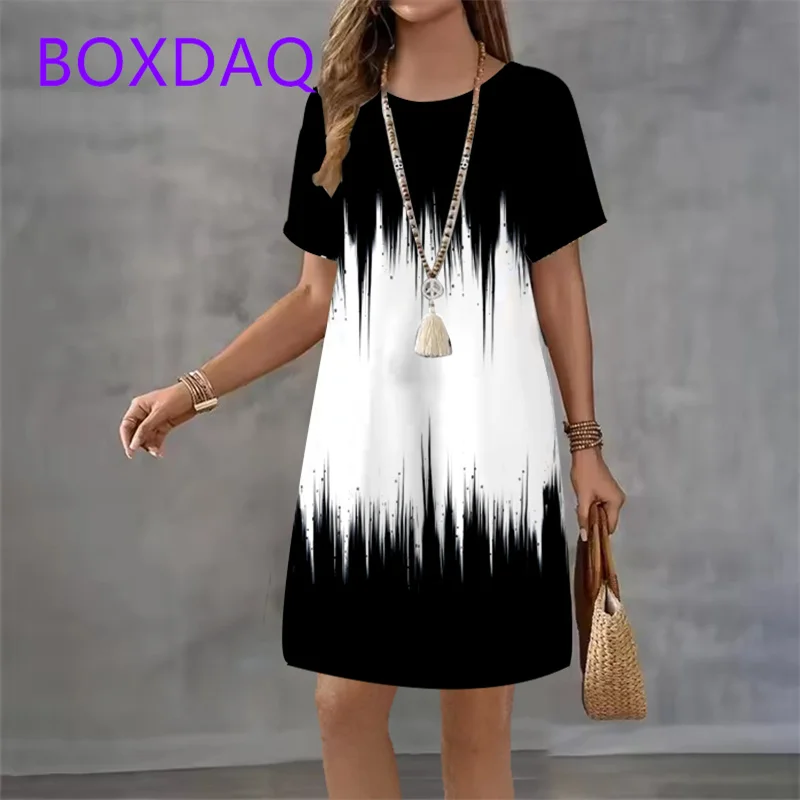Vintage Black White Patchwork Gradient Print Womens Dress 2025 Summer A-Line Dress Short Sleeve Loose Casual Mini Dress Vestidos