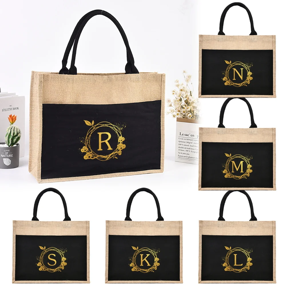 

Cotton Linen Handbag Top Handle Linen Gift Bag Reusable Grocery Pouch Wreath Series Summer Beach Portable Shoulder Bags