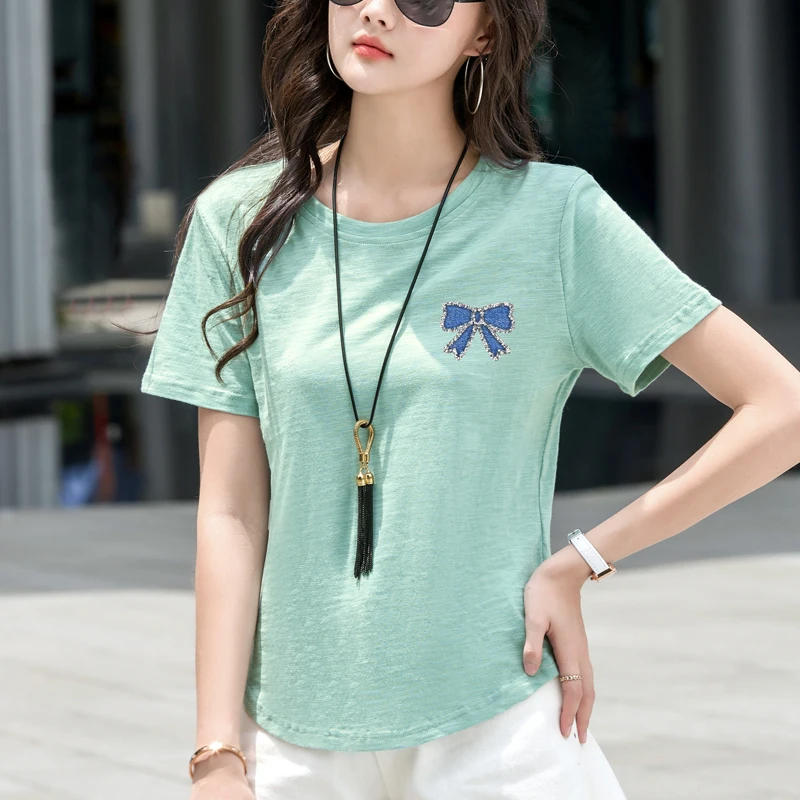 AOSSVIAO جديد جودة عالية القوس تي شيرت مطبوع القطن الخالص قصيرة الأكمام طاقم الرقبة القمم لينة مريحة أنيقة المرأة تي شيرت #2