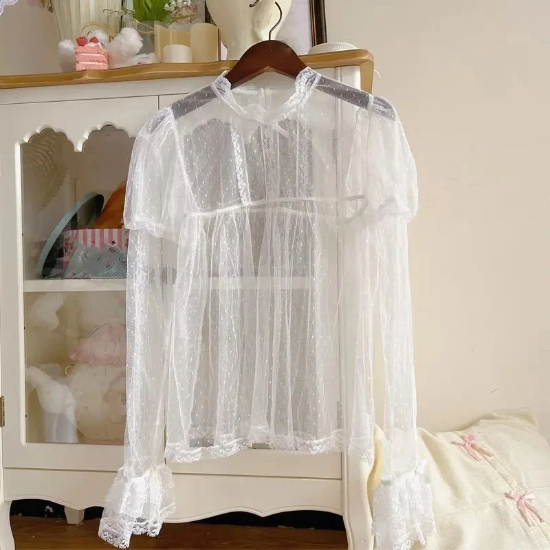 Blusa de gaze de manga comprida roupas femininas sexy coreano camisas 2025 blusas mujer de moda colheita topos ver através de blusas de verão