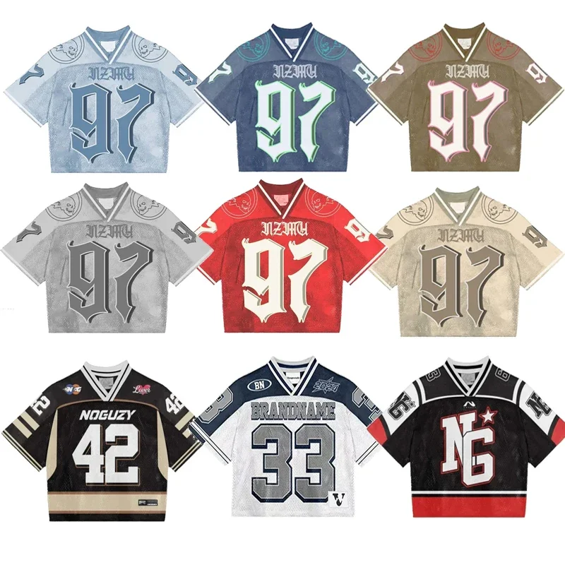 Y2K T Shirt American Fashionable breathable splicing loose football jersey Streetwear casual Breathable Unisex Short Sleeve top