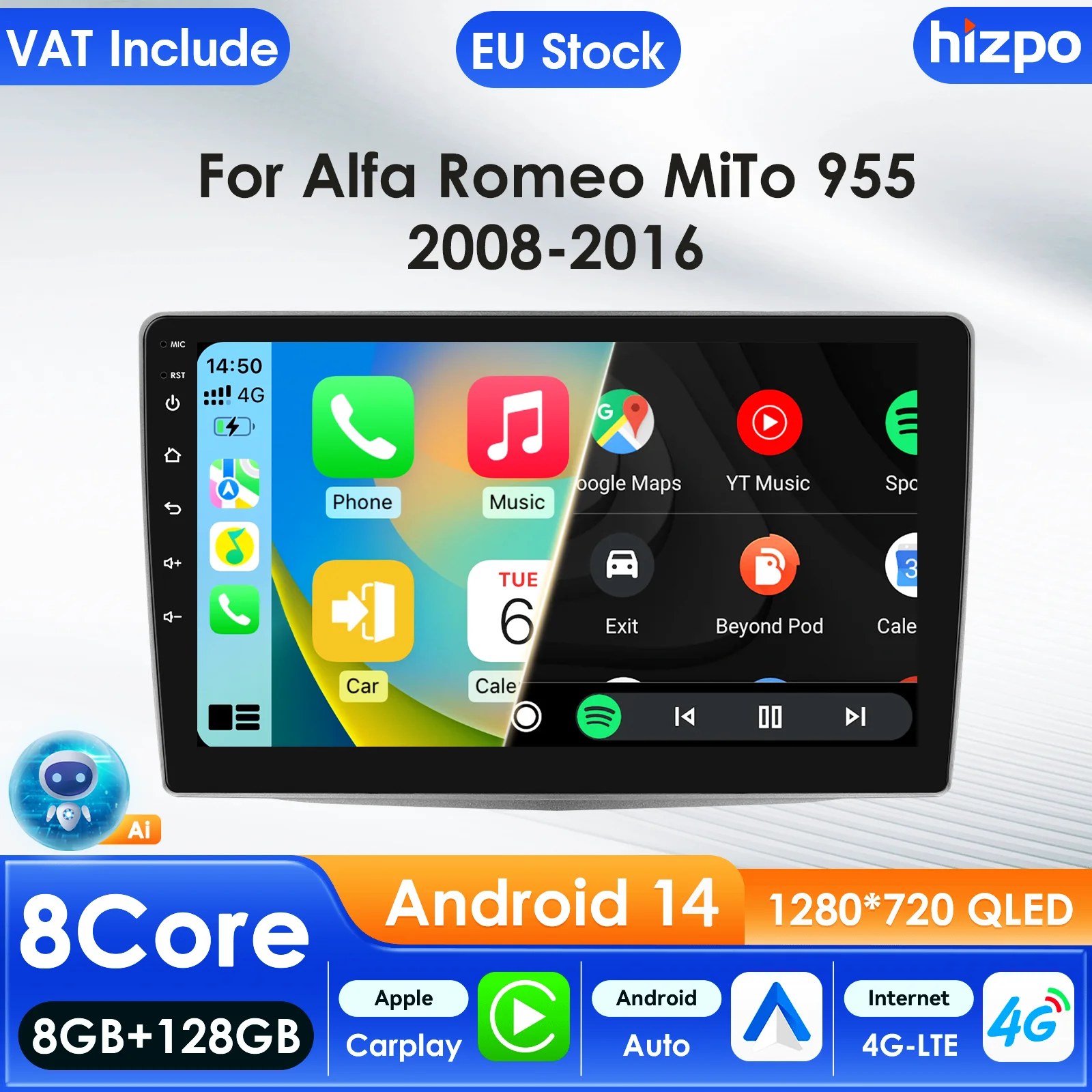 Lecteur multimédia automobile Hizpo pour Alfa Romeo MiTo 955 2008-2016 2Din GPS Carplay Auto 4G AI Écran intelligent Autoradio Caméra 360° Écran intelligent de voiture 9 pouces Affichage QLED Unité centrale automobile Navigation 5G WIFI DSP Split ADAS USB DVR SWC FM AM RDS Caméra