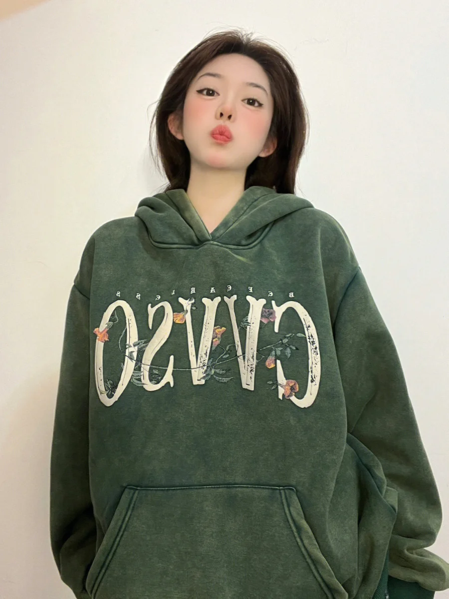 2025 Autumn New American High Street Retro Style Floral Print Loose Soft Oversize Suede Green Hoodie Cotton Black Sweatshirt
