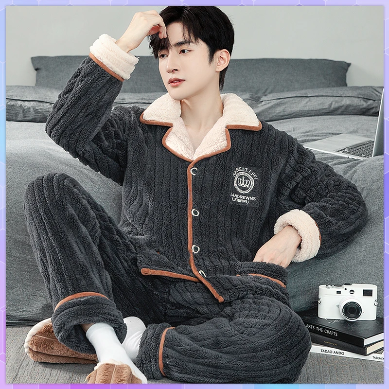 

Coral Fleece Pajamas For Men Warm Sleepwear For Winter Thicken Flannel Big Size 3Xl Zipper Soft Pajama Sets Pijamas De Hombre