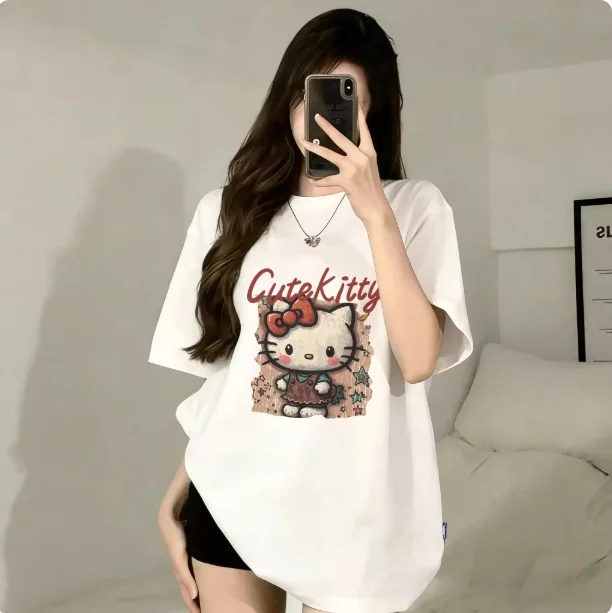 

Sanrio 2026 Summer Comic Form Hello Kitty Image 100% Cotton Printed Casual T-shirt Adult Children Parent-child Top Homewear Y2k.